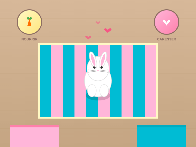 Rabbit Breeding Game - Interface de jeu montrant un lapin blanc sur un tapis coloré avec contrôles de nourrissage et caresses